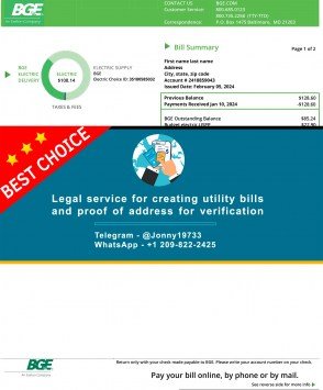 Maryland Baltimore Gas and Electric (BGE) Sample Fake utility bill